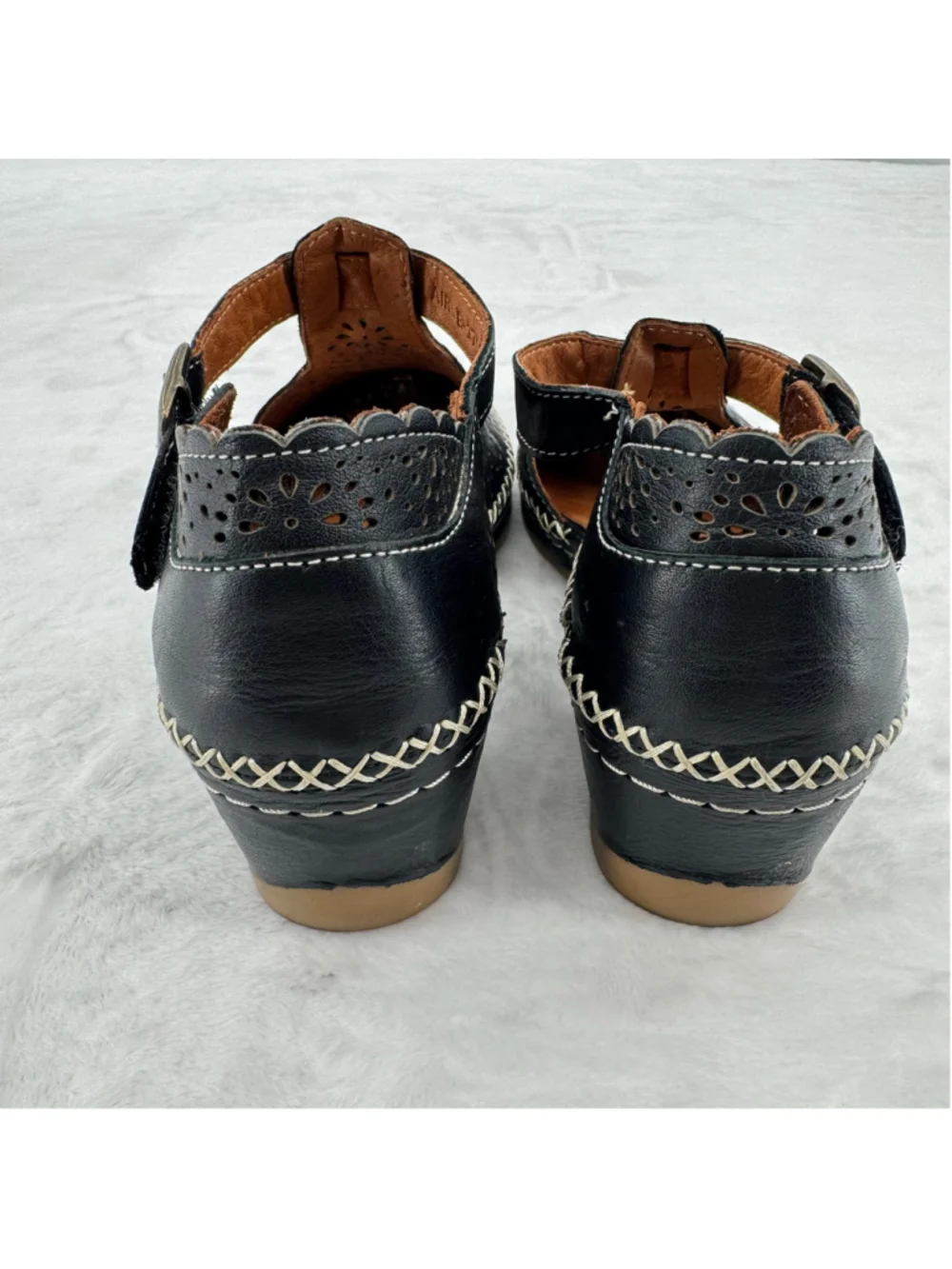 Spring Step Black Sandals Wedge Cutout Genuine Leather Closed Toe Buckle 6.5/37